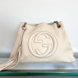 Authentic Gucci Soho Double Chain Ivory Leather Handbag